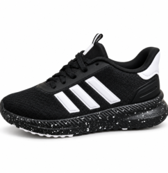 Black athletic sneaker with white side stripes and a speckled black midsole