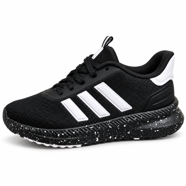 Black athletic sneaker with white side stripes and a speckled black midsole