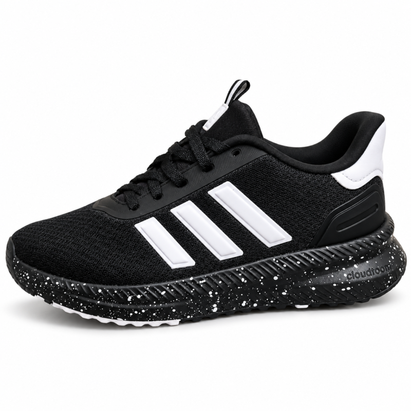 Black athletic sneaker with white side stripes and a speckled black midsole